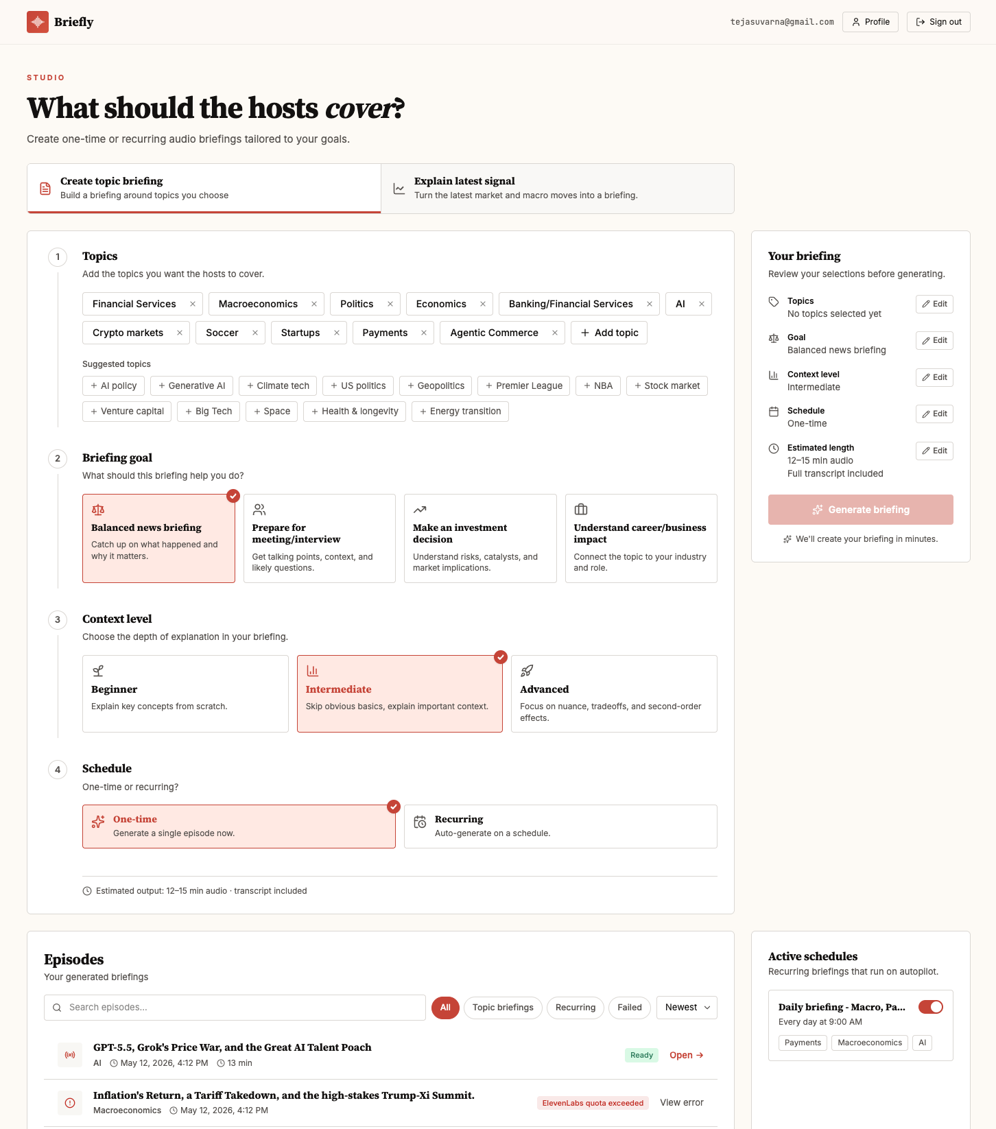 Briefly studio: configure AI-generated audio briefings by topic, goal, and schedule