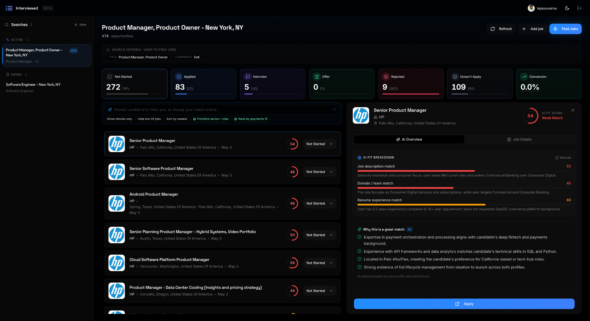 Interviewed dashboard showing AI-matched product manager roles